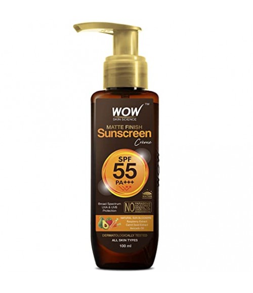 WOW Skin Science Sunscreen SPF 55 PA+++ Matte Look Ultra Light | Broad Spectrum- UVA&UVB Protection |No White Cast | With Raspberry rich in Vitamin C, Avocado, and Carrot Seed Extrac 100ML